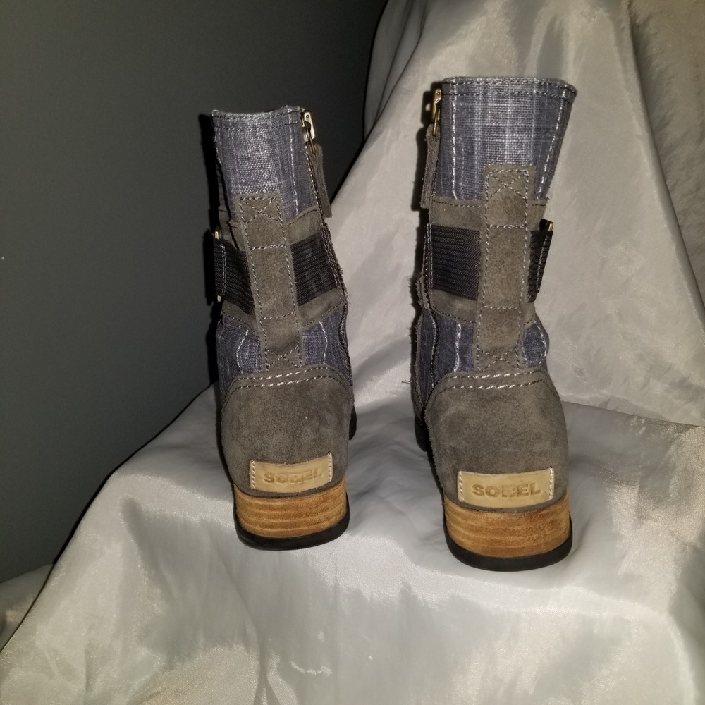 Sorel Major Carly Boots Women 7.5 Gray Excellent Suede Canvas Lace Up NL2158-053 - Picture 3 of 8